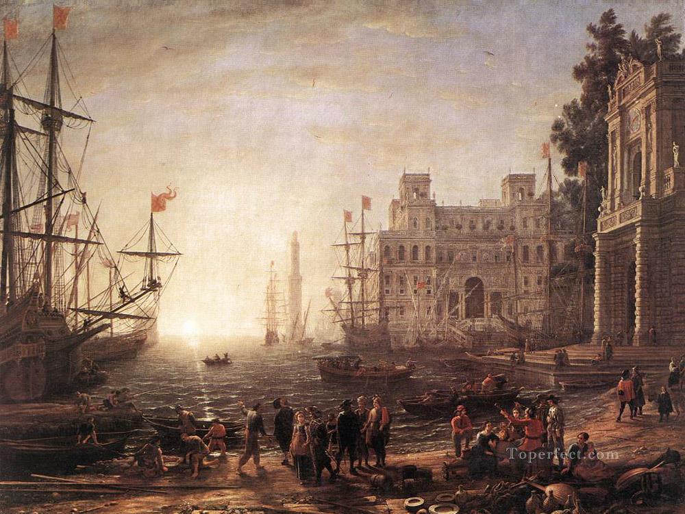 ヴィラ・メディチの風景と港の風景 クロード・ロラン・ビーチ油絵